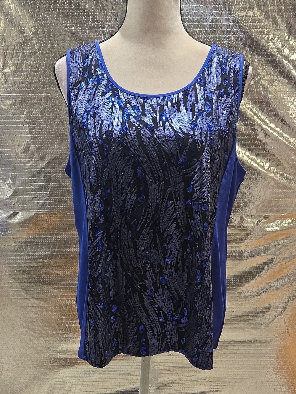 Bob Mackie Blue Sequin-Accent Scoop Neck Tank